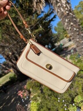 Vintage Coach Legacy Signature Canvas Turnlock Wristlet Brown Tan Y2K